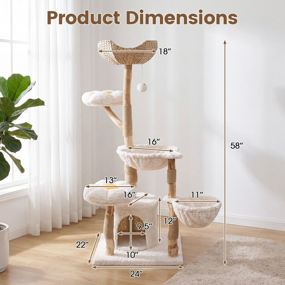 58 Inch Tall Solid Wood Cat Tree with 2 Flower Platforms and Hammocks-White
