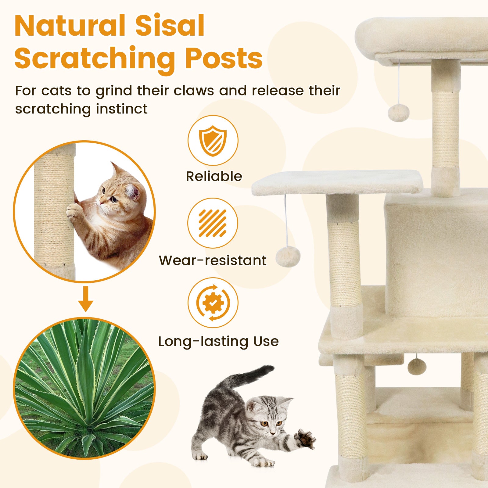 58" Multi-Level Cat Tree Soft Plush Cat Tower with Padded Top Perch-Beige