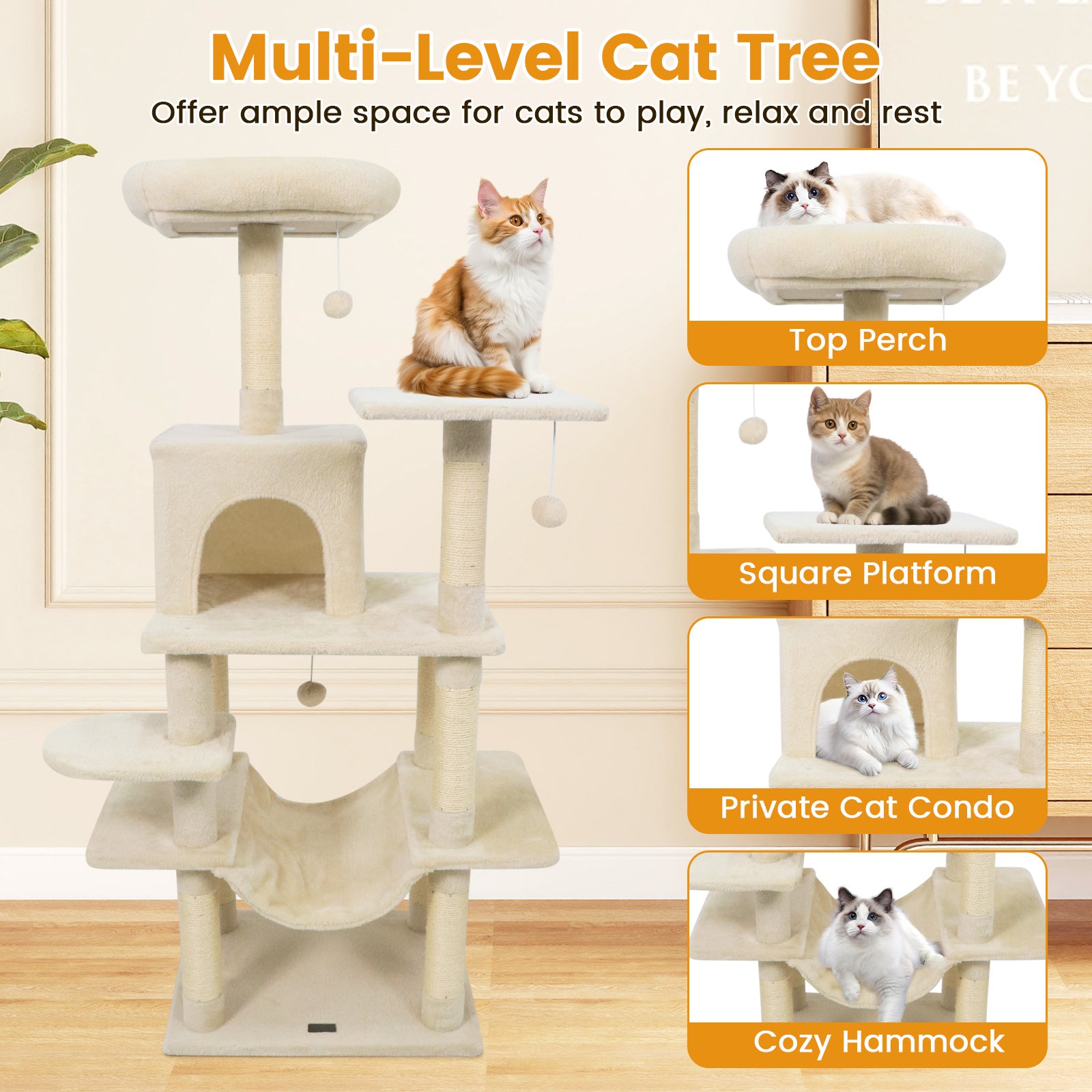 58" Multi-Level Cat Tree Soft Plush Cat Tower with Padded Top Perch-Beige
