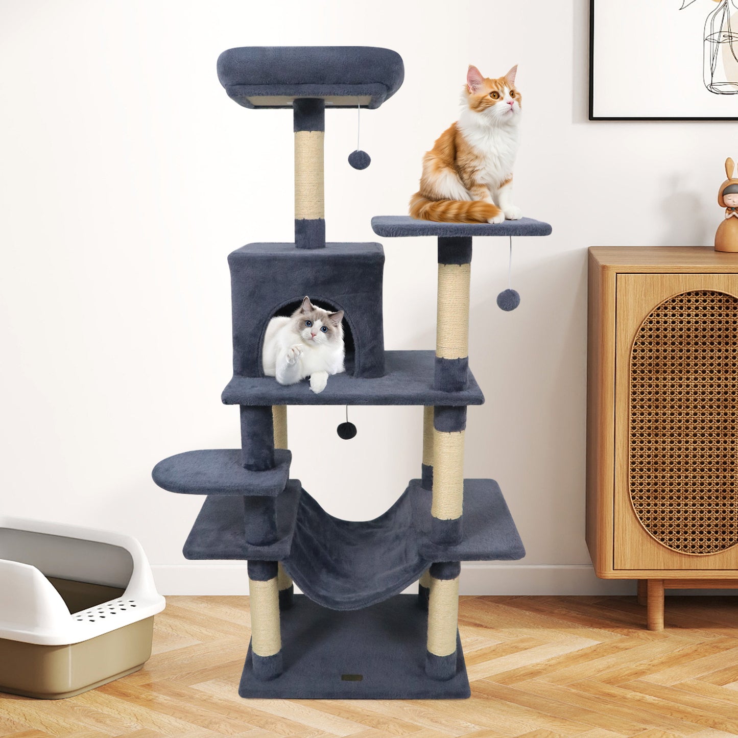 58" Multi-Level Cat Tree Soft Plush Cat Tower with Padded Top Perch-Grey