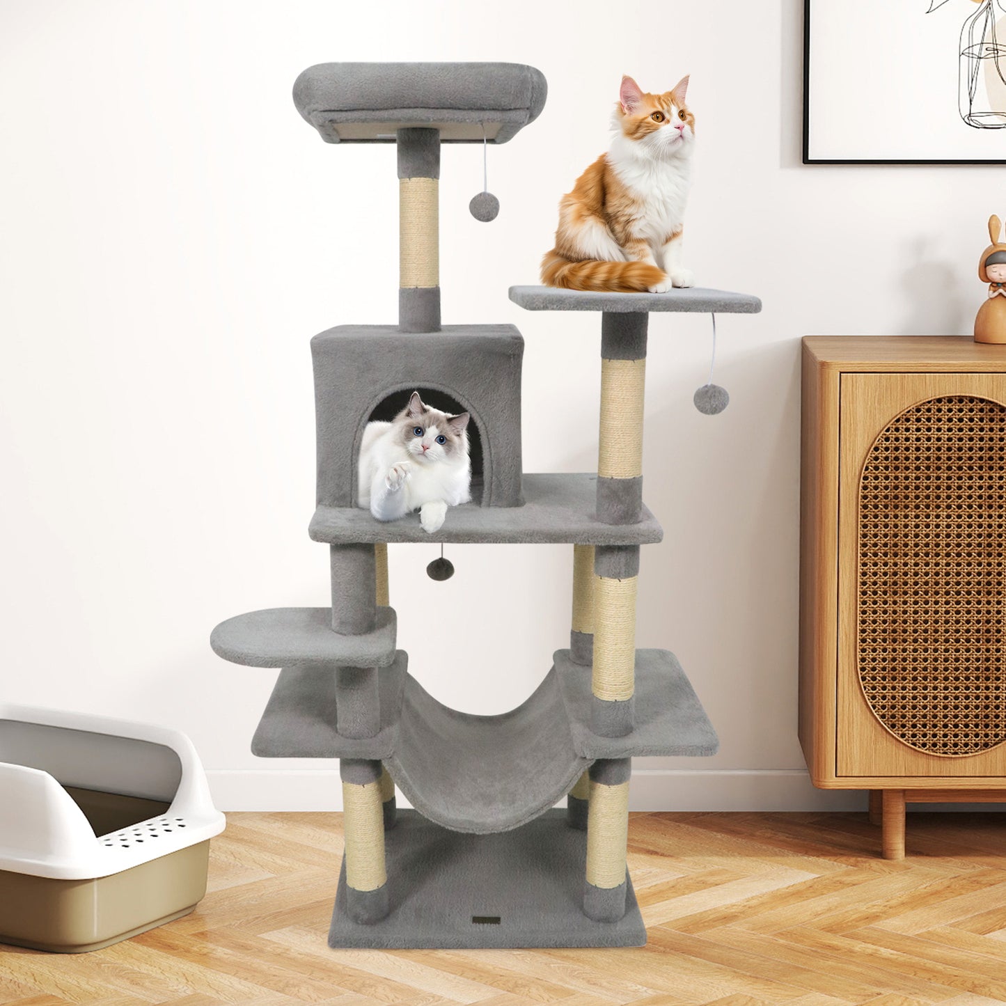 58" Multi-Level Cat Tree Soft Plush Cat Tower with Padded Top Perch-Light Gray