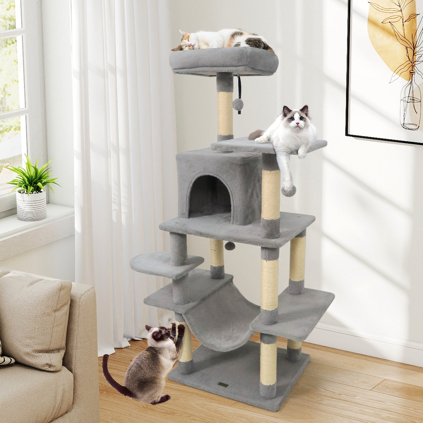 58" Multi-Level Cat Tree Soft Plush Cat Tower with Padded Top Perch-Light Gray