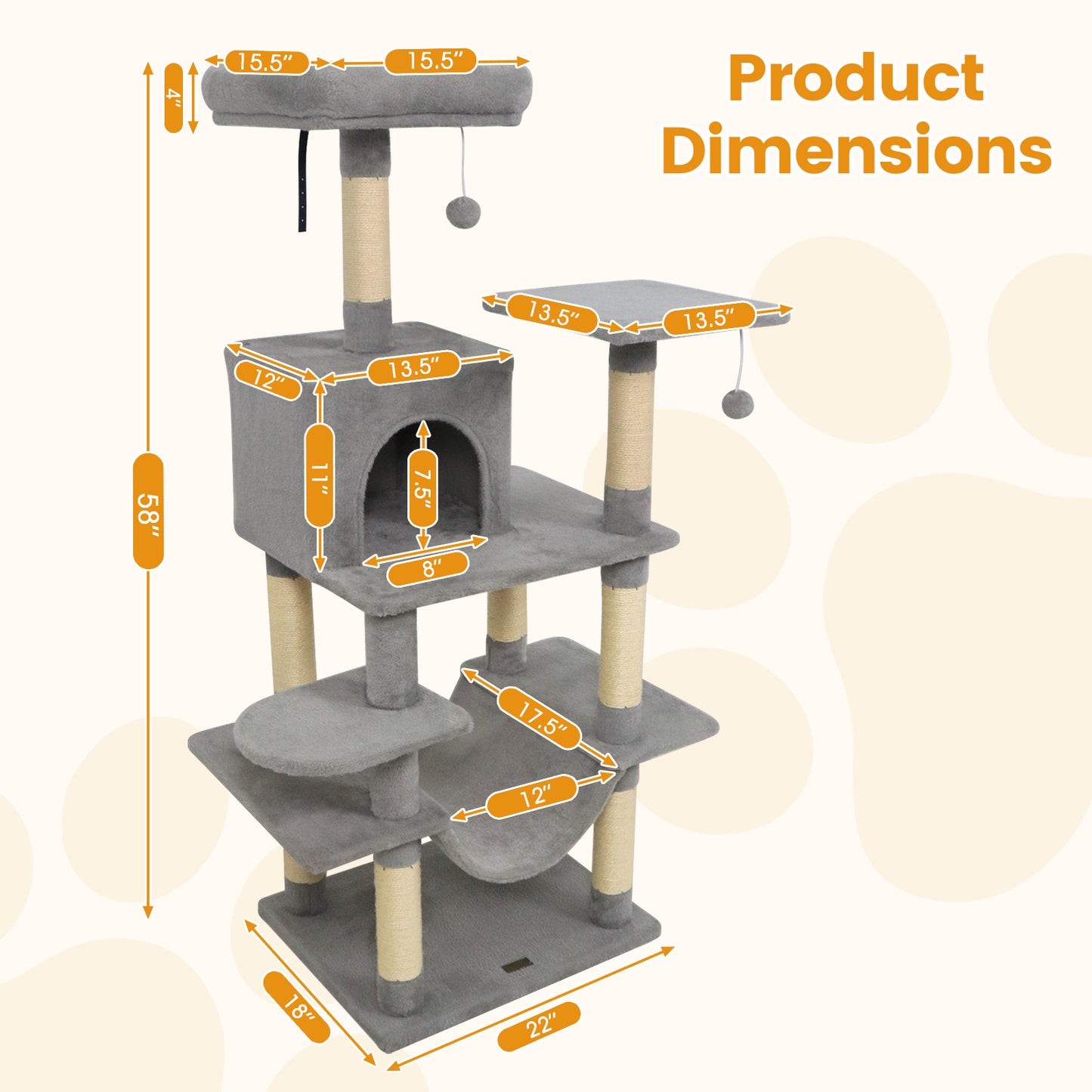 58" Multi-Level Cat Tree Soft Plush Cat Tower with Padded Top Perch-Light Gray