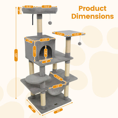 58" Multi-Level Cat Tree Soft Plush Cat Tower with Padded Top Perch-Light Gray