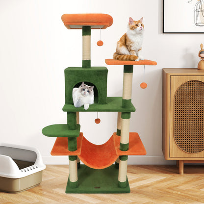 58" Multi-Level Cat Tree Soft Plush Cat Tower with Padded Top Perch-Green