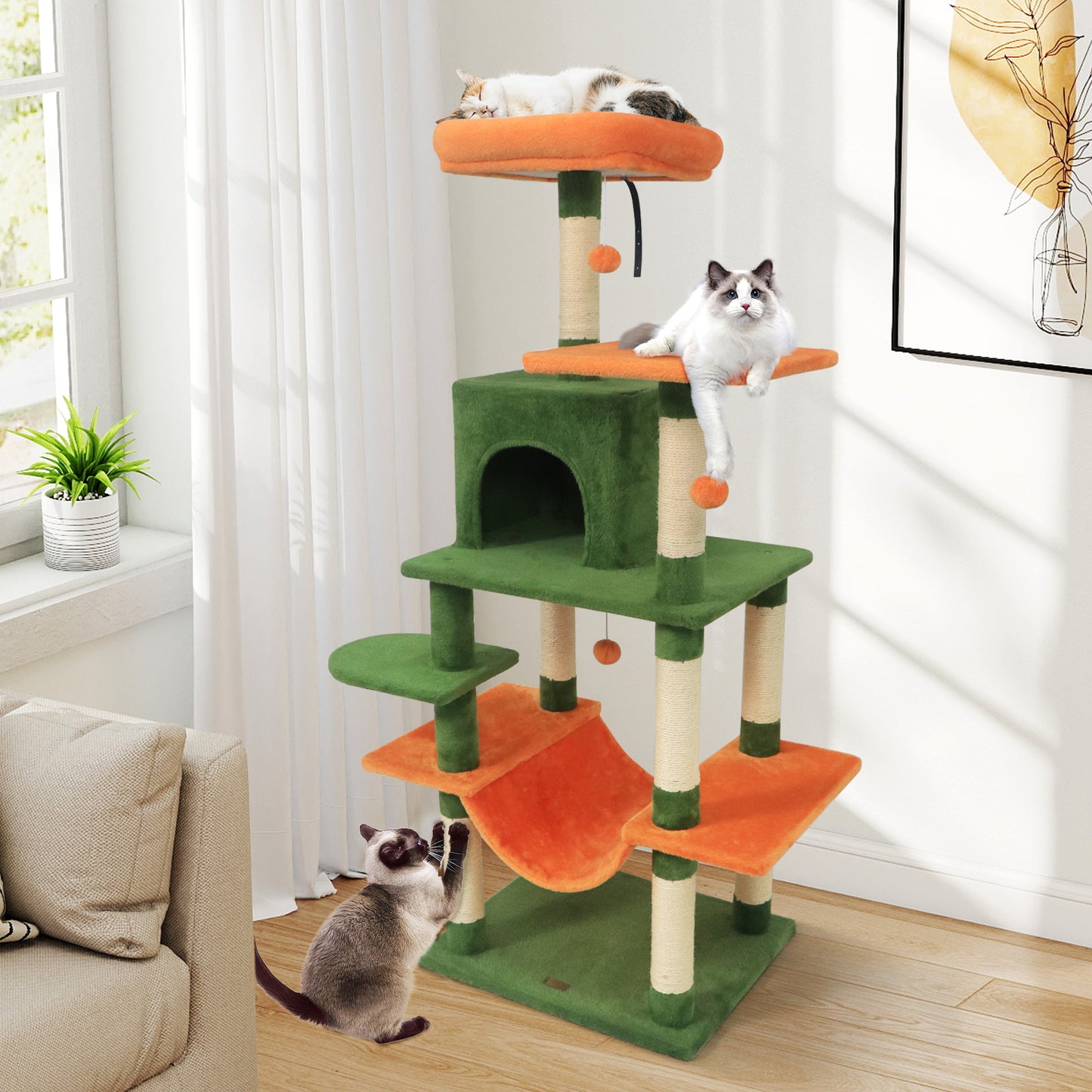 58" Multi-Level Cat Tree Soft Plush Cat Tower with Padded Top Perch-Green