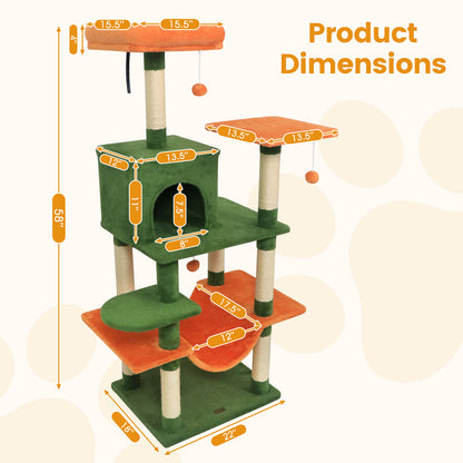 58" Multi-Level Cat Tree Soft Plush Cat Tower with Padded Top Perch-Green