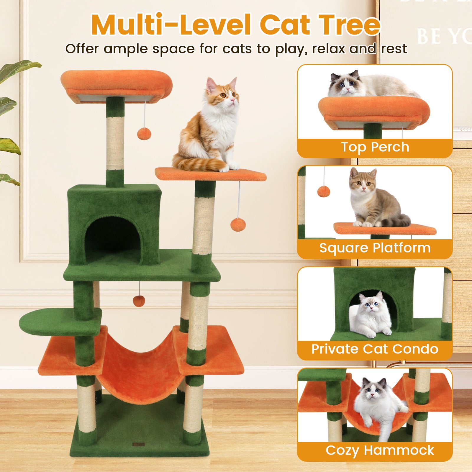 58" Multi-Level Cat Tree Soft Plush Cat Tower with Padded Top Perch-Green