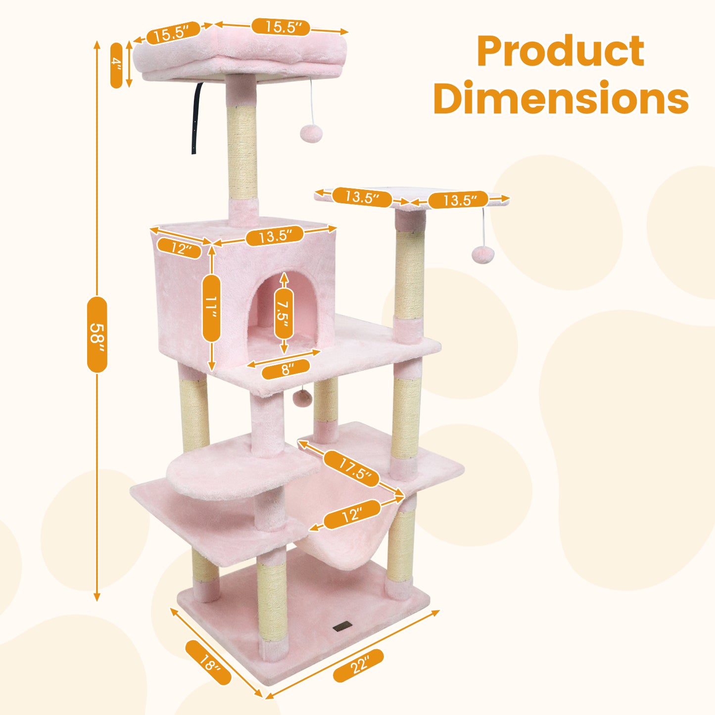 58" Multi-Level Cat Tree Soft Plush Cat Tower with Padded Top Perch-Pink