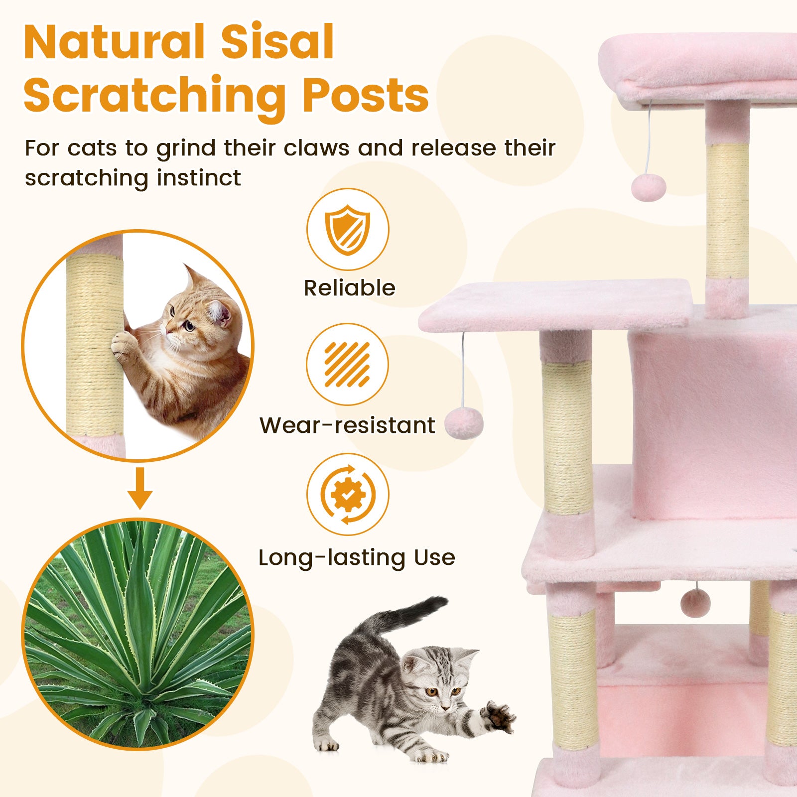 58" Multi-Level Cat Tree Soft Plush Cat Tower with Padded Top Perch-Pink