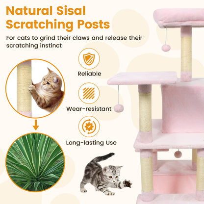 58" Multi-Level Cat Tree Soft Plush Cat Tower with Padded Top Perch-Pink