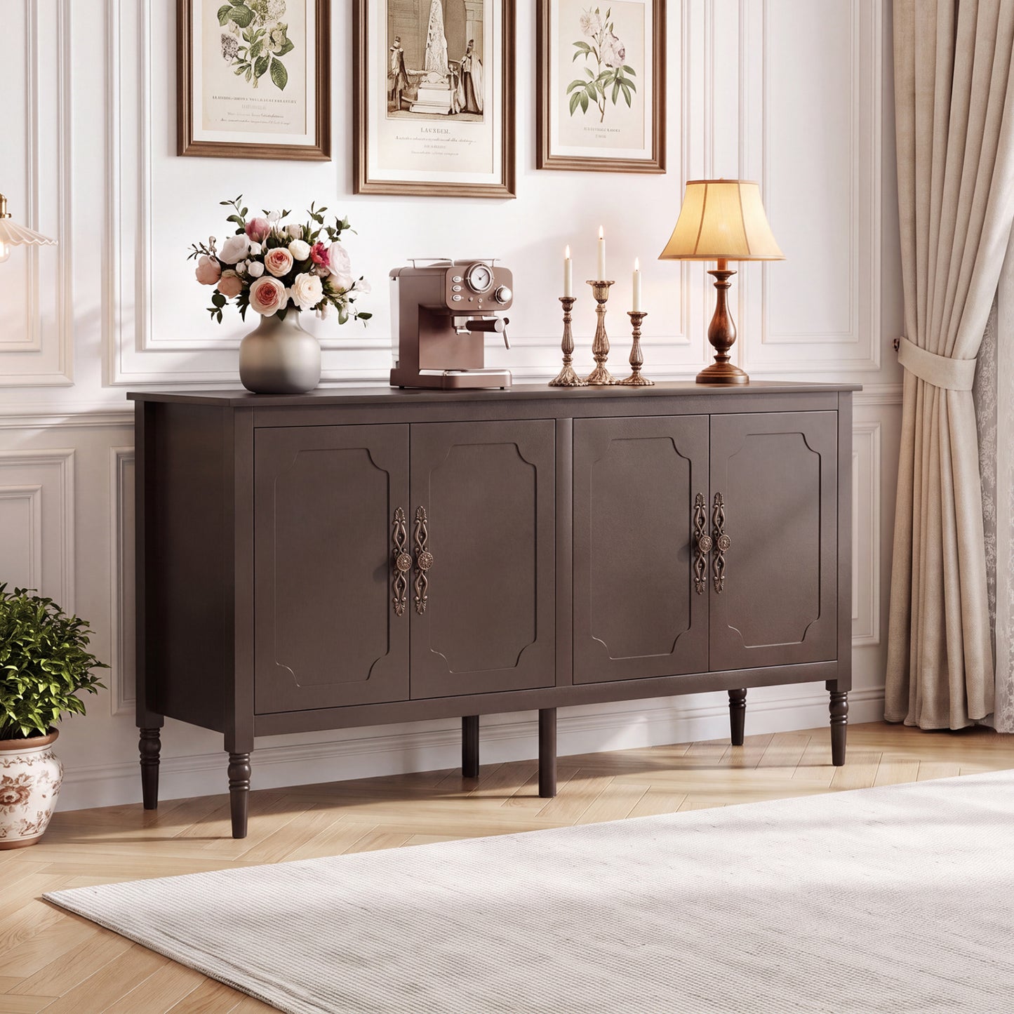 58" Buffet Cabinet with Adjustable Shelves & Pine Wood Legs
