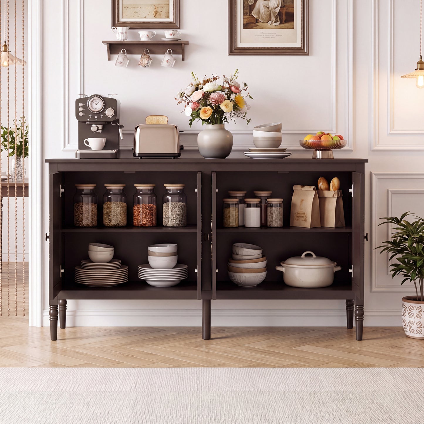 58" Buffet Cabinet with Adjustable Shelves & Pine Wood Legs