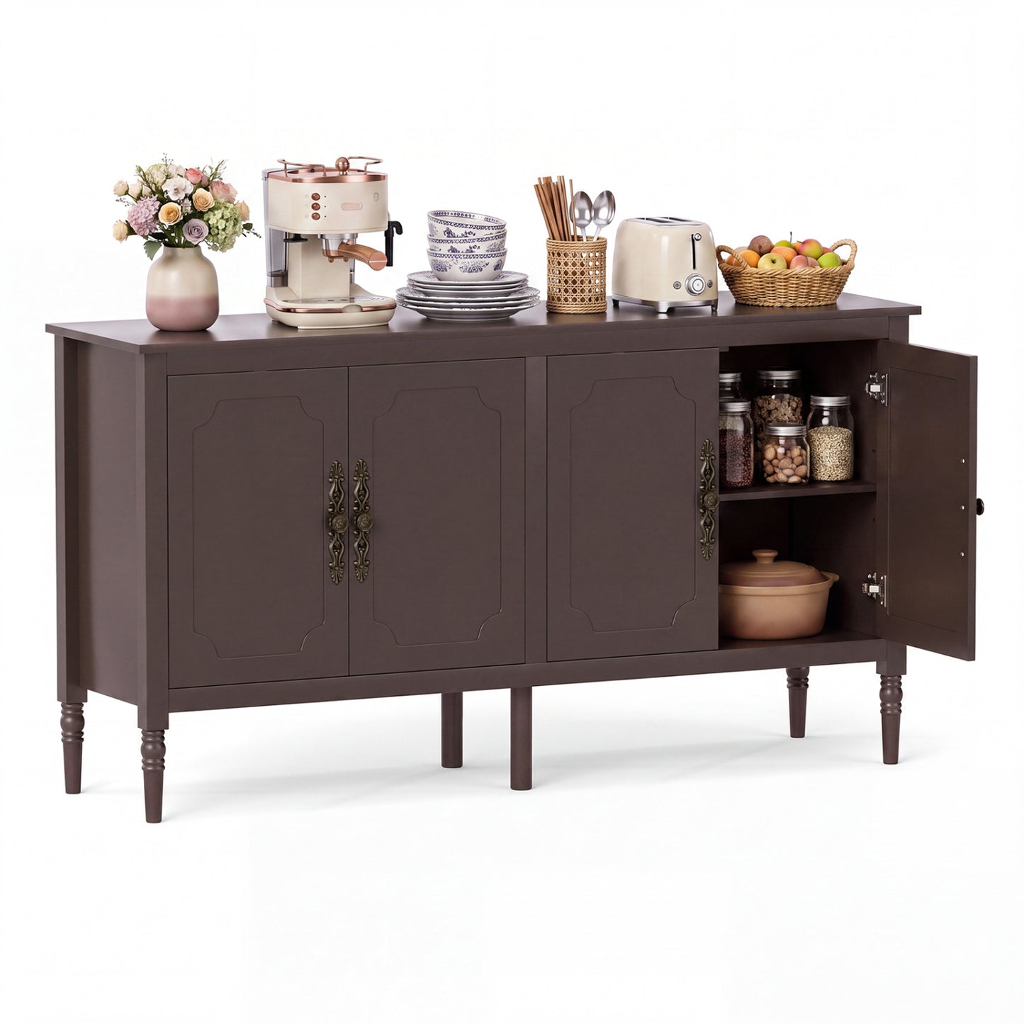 58" Buffet Cabinet with Adjustable Shelves & Pine Wood Legs