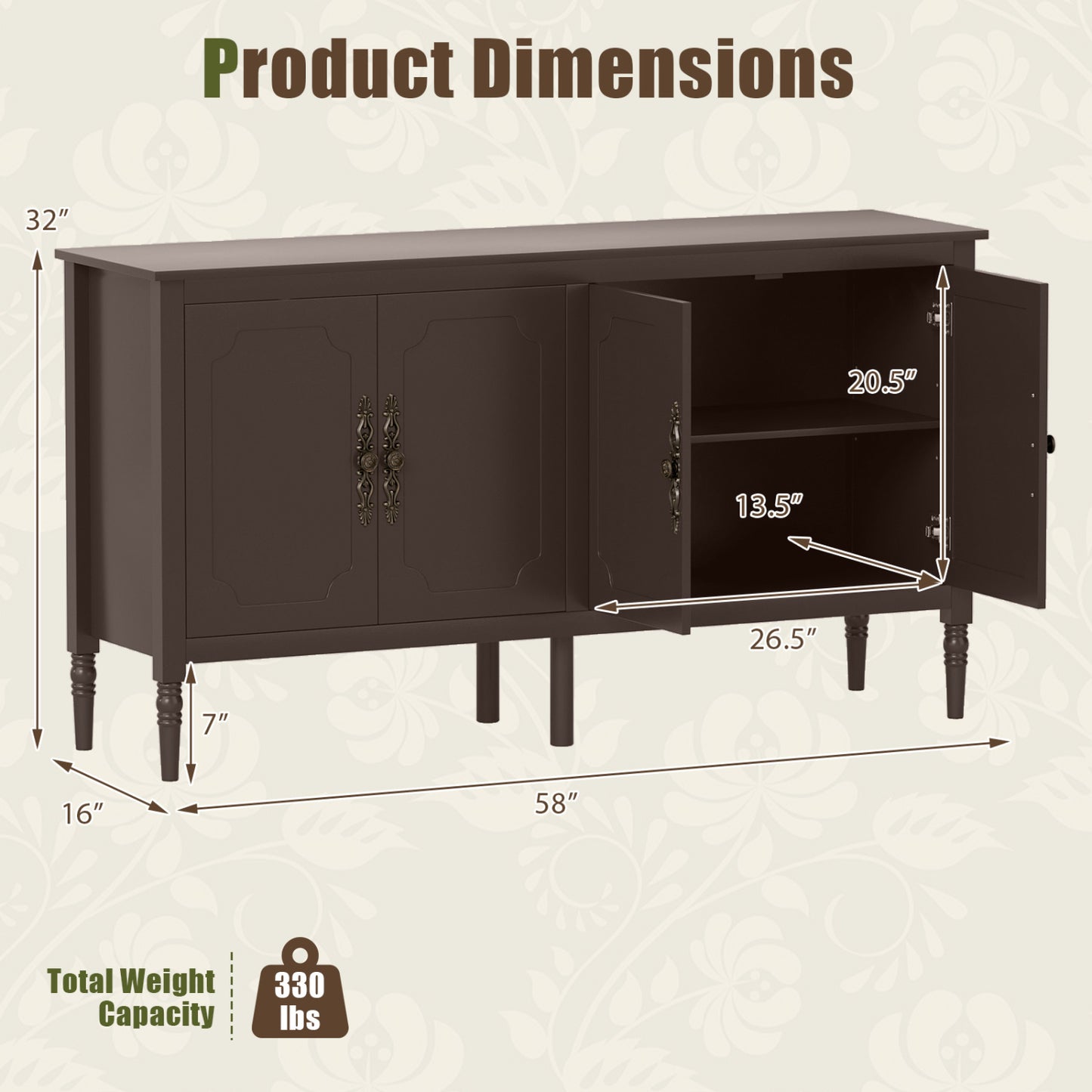 58" Buffet Cabinet with Adjustable Shelves & Pine Wood Legs