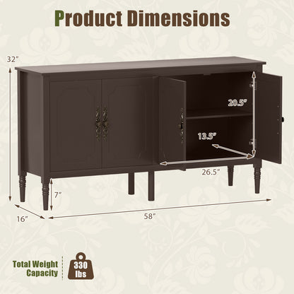 58" Buffet Cabinet with Adjustable Shelves & Pine Wood Legs
