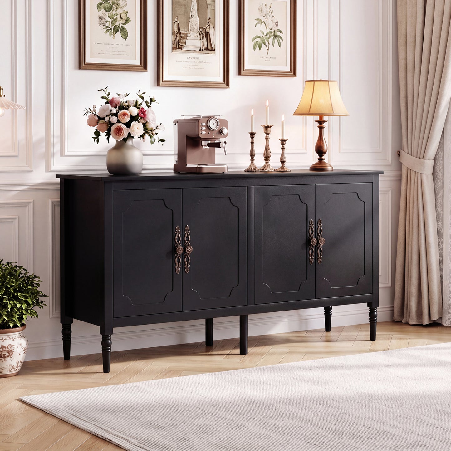 58" Buffet Cabinet with Adjustable Shelves & Pine Wood Legs