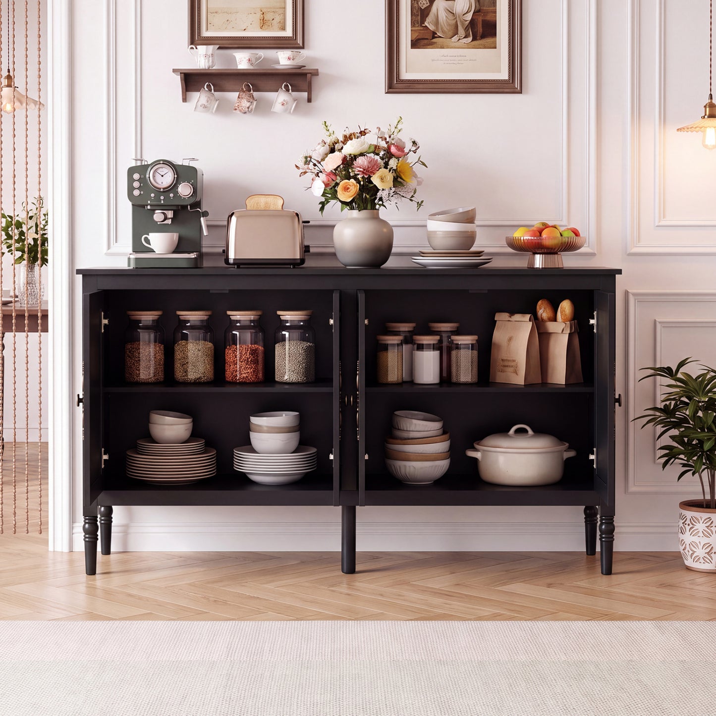 58" Buffet Cabinet with Adjustable Shelves & Pine Wood Legs