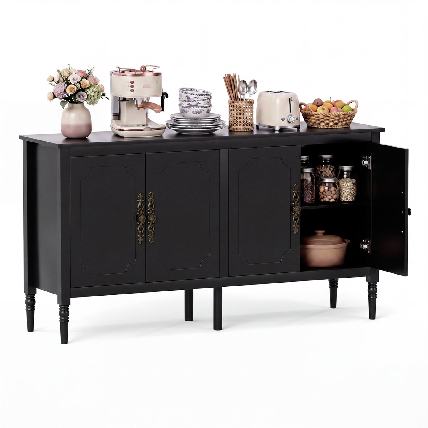 58" Buffet Cabinet with Adjustable Shelves & Pine Wood Legs