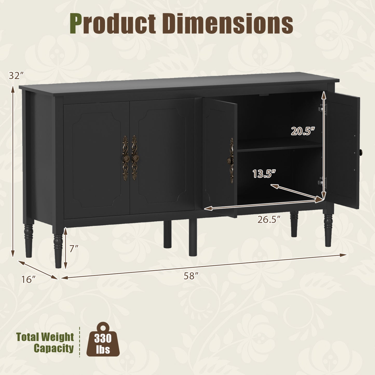 58" Buffet Cabinet with Adjustable Shelves & Pine Wood Legs