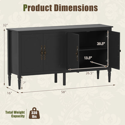 58" Buffet Cabinet with Adjustable Shelves & Pine Wood Legs