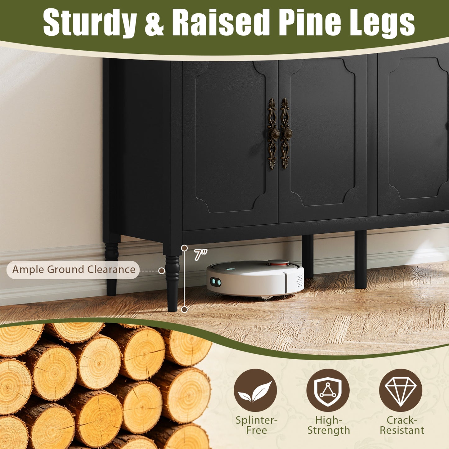 58" Buffet Cabinet with Adjustable Shelves & Pine Wood Legs