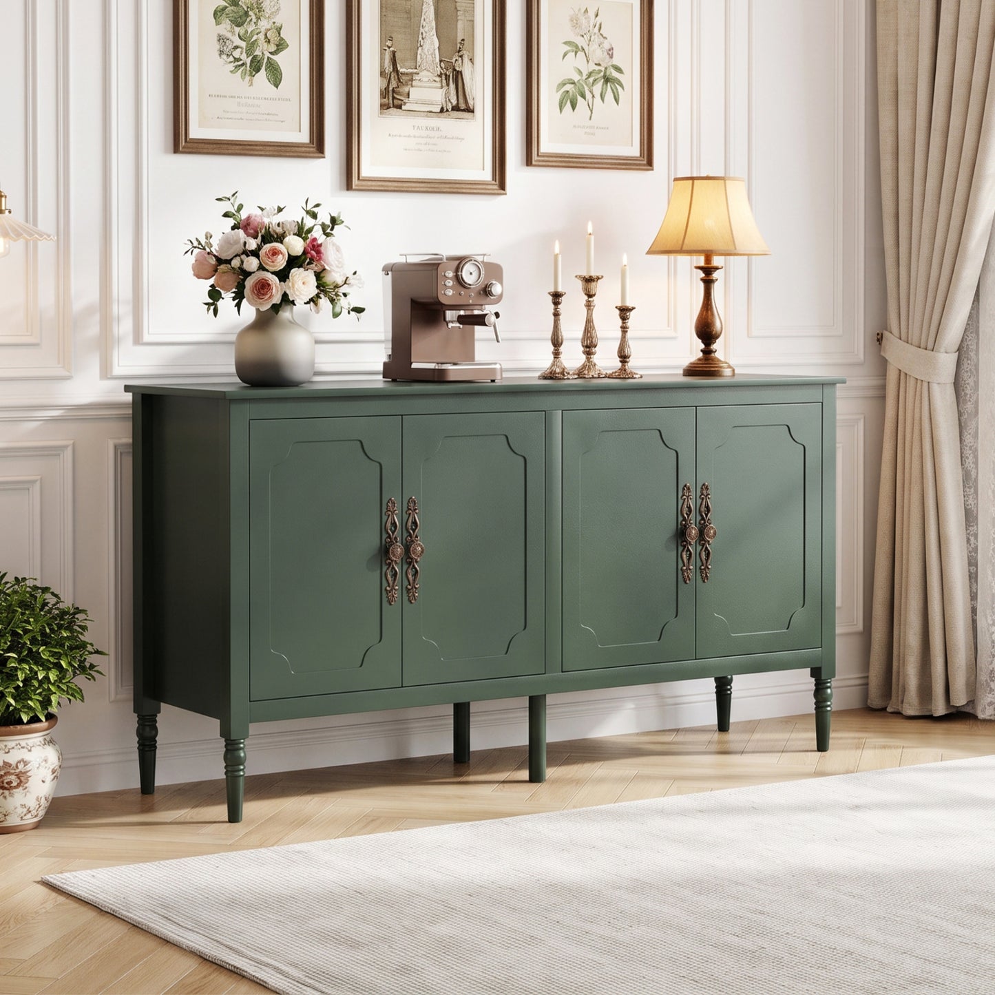 58" Buffet Cabinet with Adjustable Shelves & Pine Wood Legs