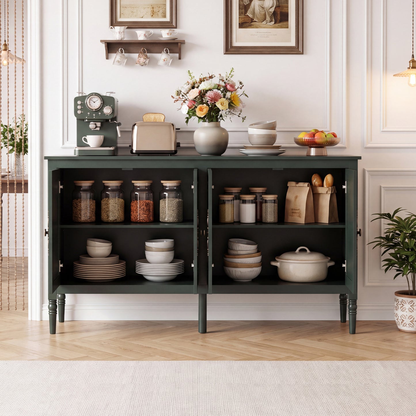 58" Buffet Cabinet with Adjustable Shelves & Pine Wood Legs