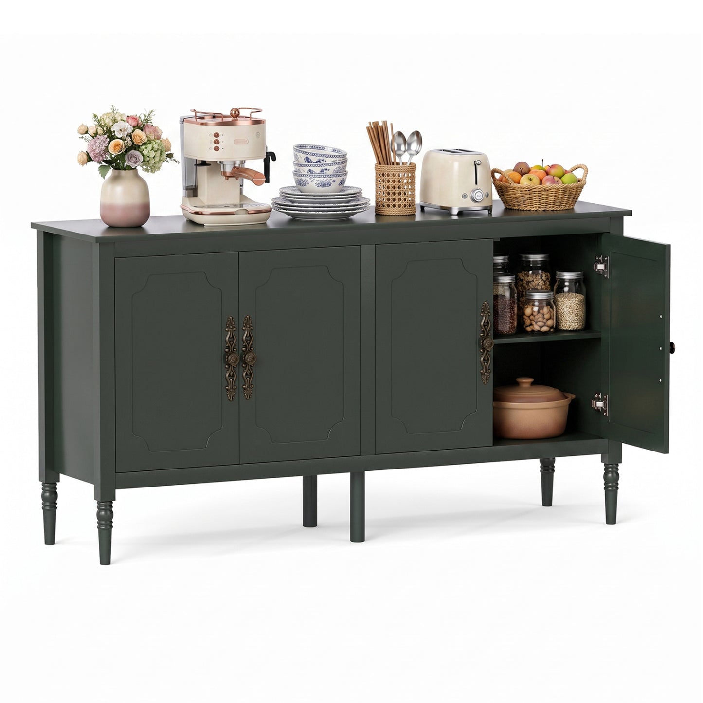 58" Buffet Cabinet with Adjustable Shelves & Pine Wood Legs