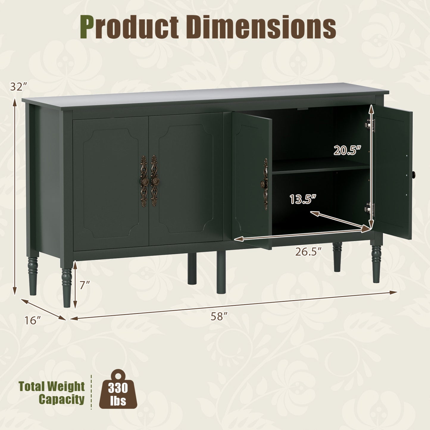 58" Buffet Cabinet with Adjustable Shelves & Pine Wood Legs
