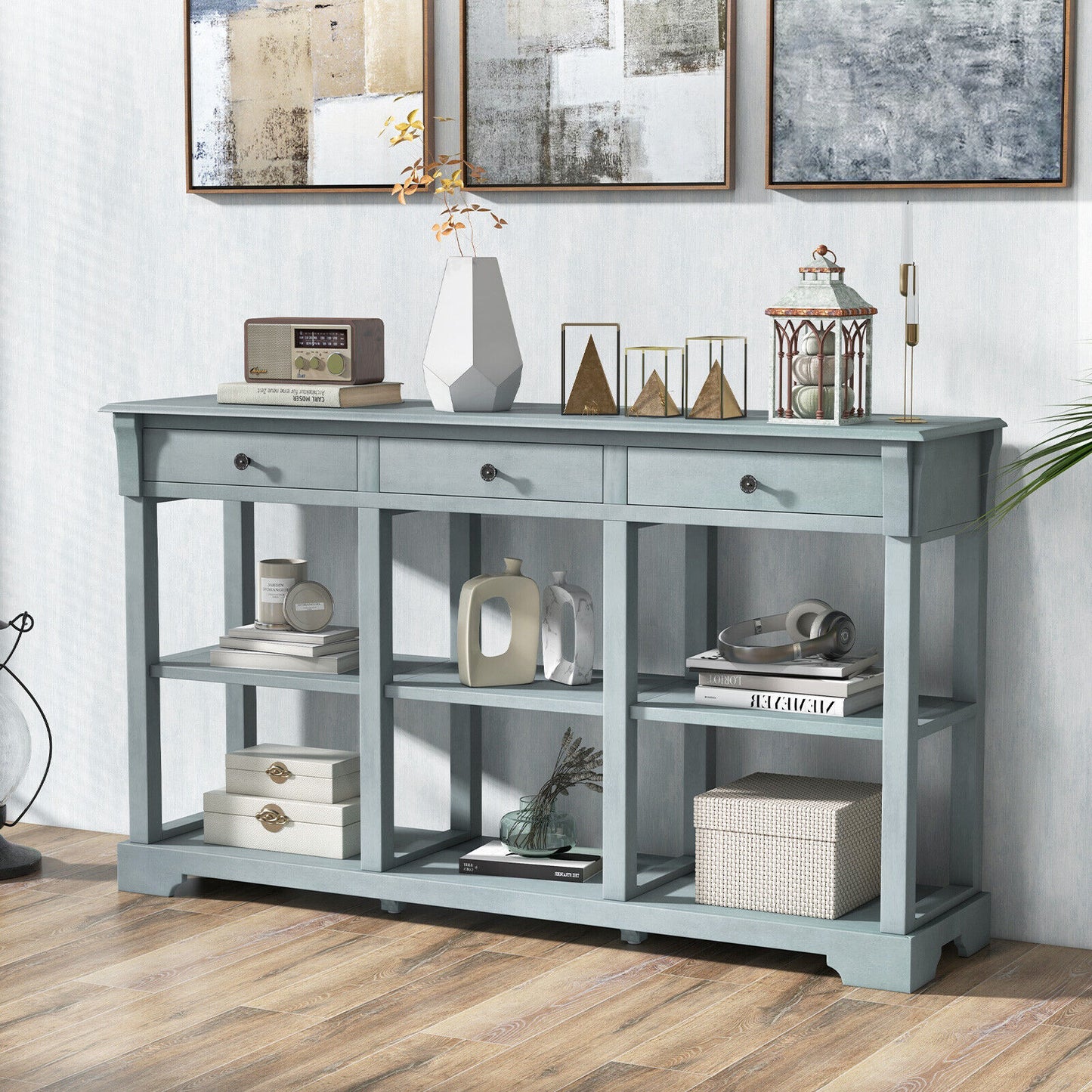 58 Inch Retro Console Table with 3 Drawers and Open Shelves Rectangular Entryway Table-Blue