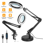 2-in-1 LED Magnifier Desk Lamp 8x Magnifying Glass with Light Swing Arm Desk Table Light USB Reading Lamp with Clamp Stand 10 Brightness 3 Modes