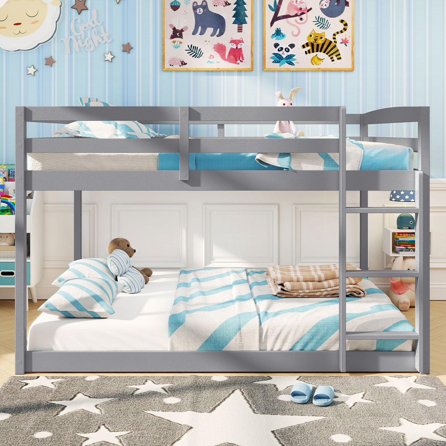 Full Over Full Bunk Bed Low-to-ground Bunk Bed-Gray
