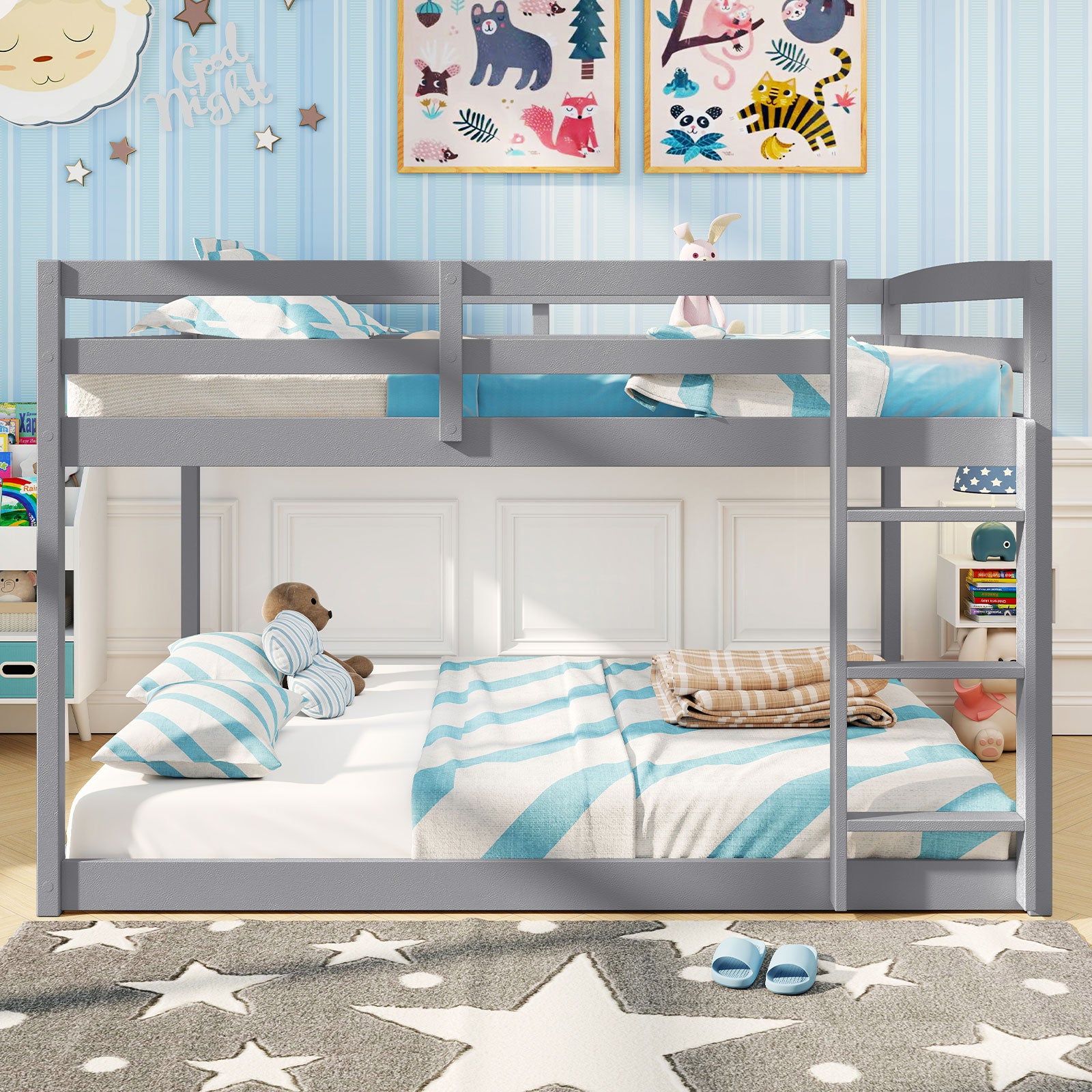 Full Over Full Bunk Bed Low-to-ground Bunk Bed-Gray