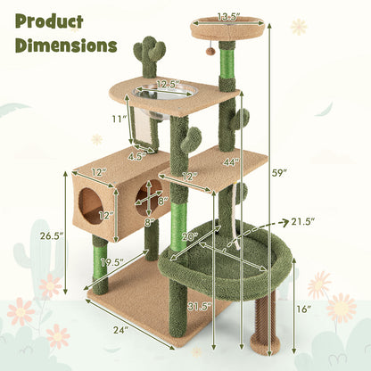 59 Inch Multilevel Cactus Cat Tree with Scratching Posts Cando Toy and Rope-Green