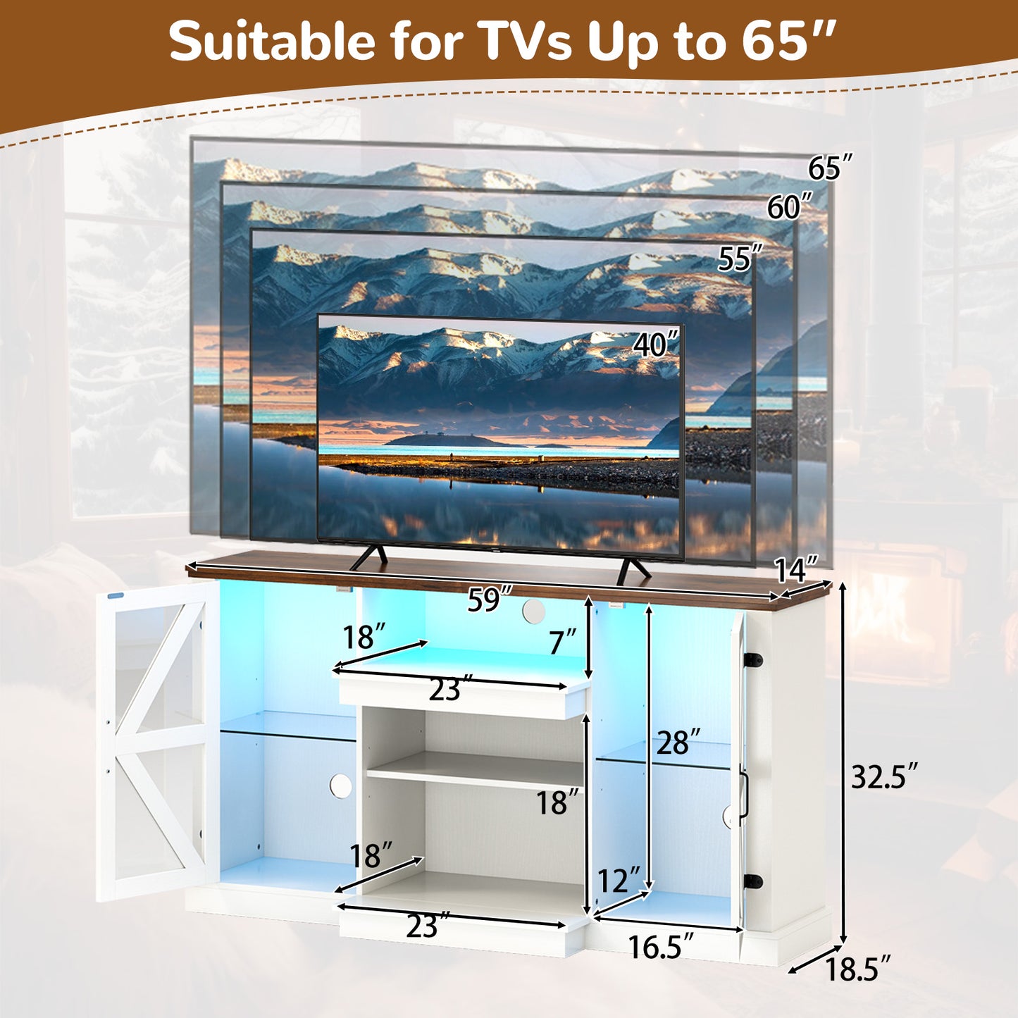 59 Inches Media Console Table with 3-Level Shelves and 22 Dynamic Modes-White