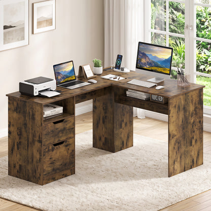 59" L-Shaped Executive Desk with Power Outlets and Storage