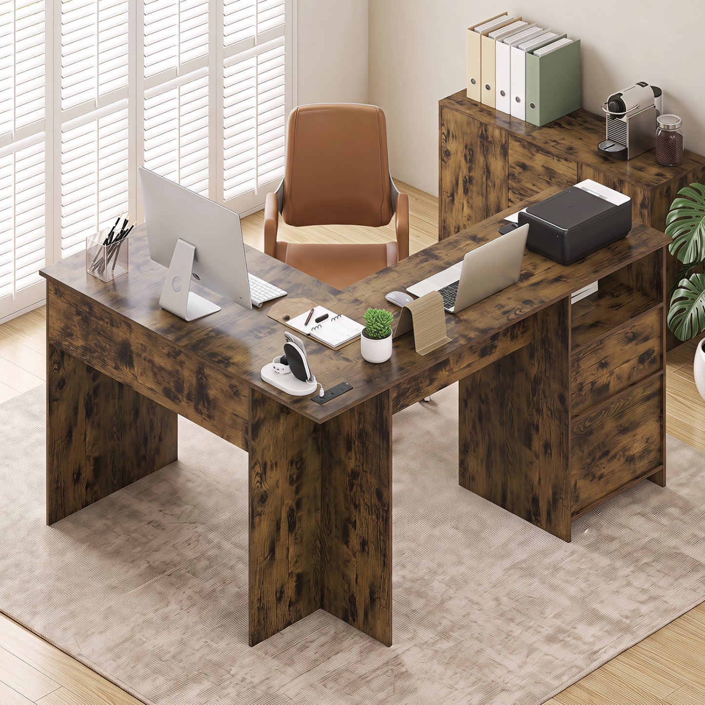 59" L-Shaped Executive Desk with Power Outlets and Storage