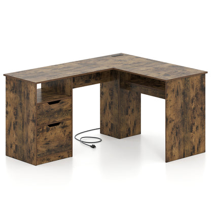 59" L-Shaped Executive Desk with Power Outlets and Storage