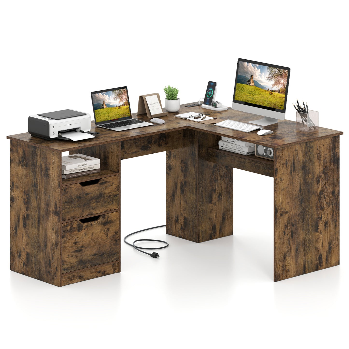 59" L-Shaped Executive Desk with Power Outlets and Storage