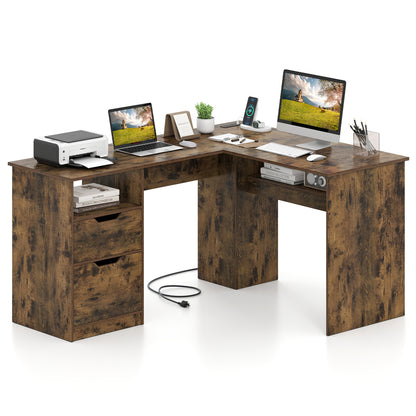 59" L-Shaped Executive Desk with Power Outlets and Storage