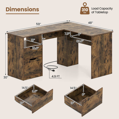 59" L-Shaped Executive Desk with Power Outlets and Storage