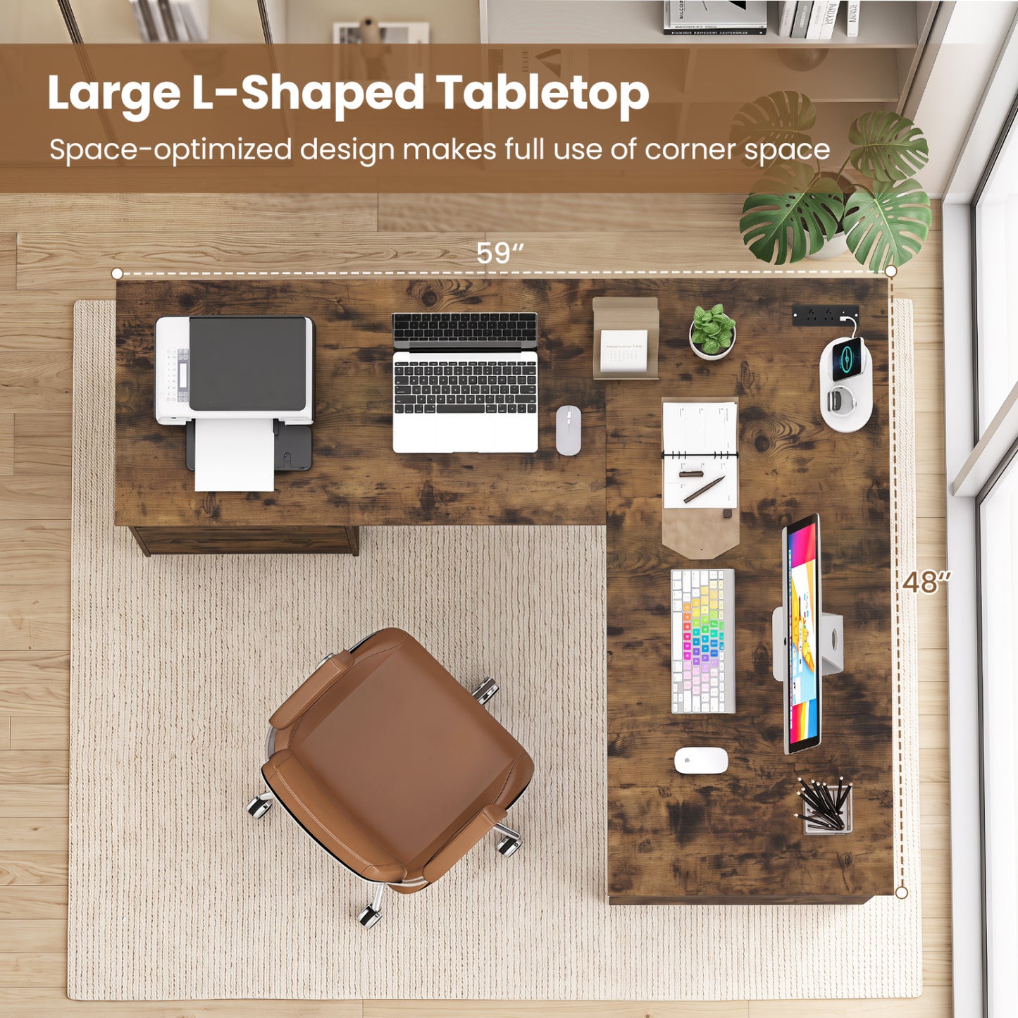 59" L-Shaped Executive Desk with Power Outlets and Storage
