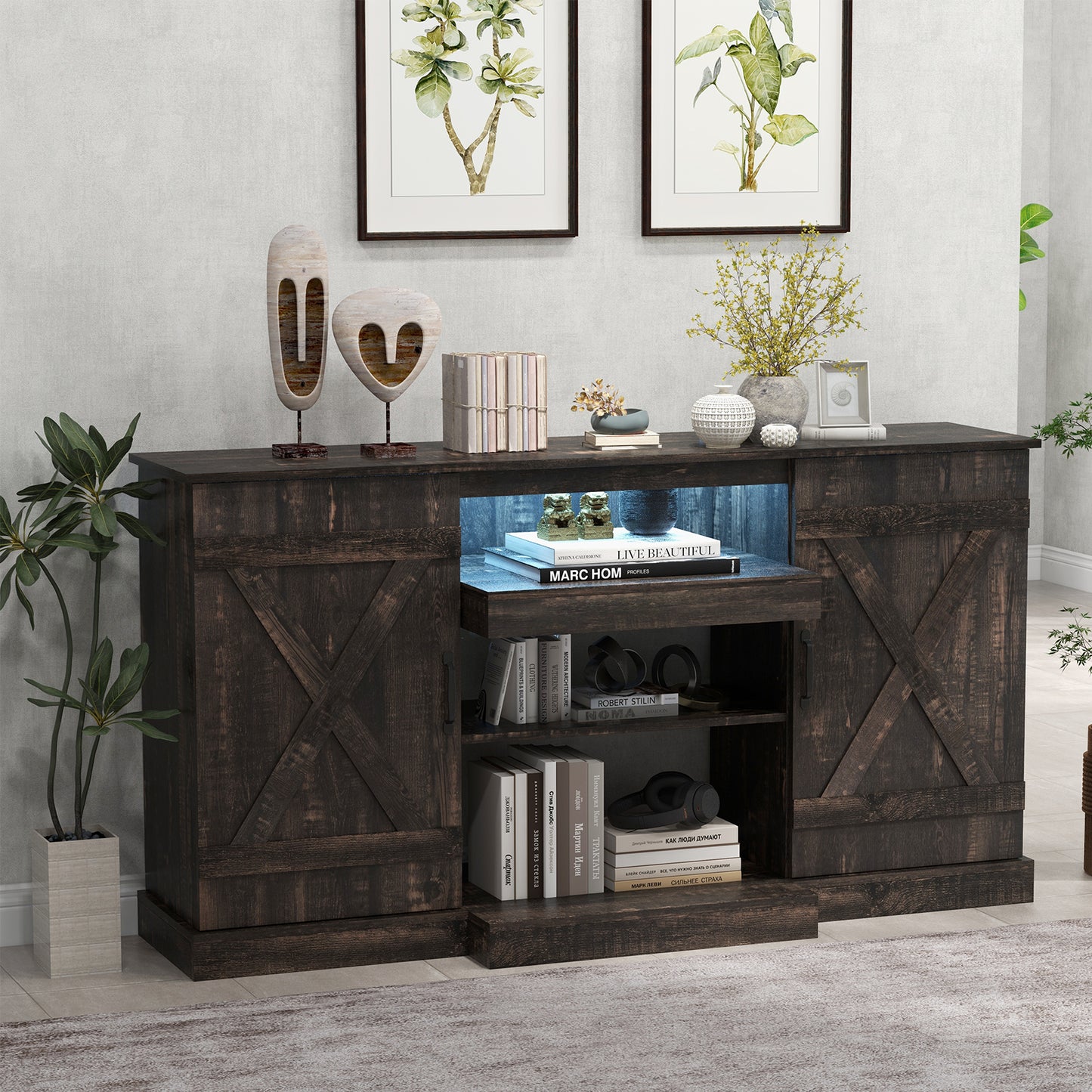 58 Inches TV stand for TVs up to 65 Inches with 20 Color Led Lights-Coffee
