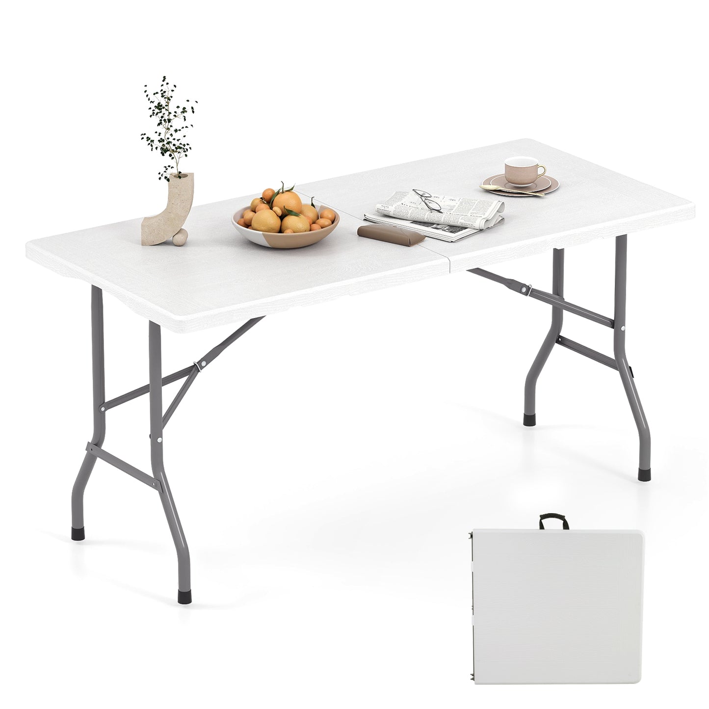 5FT Folding Picnic Table with Wood Grain HDPE Tabletop and Non-slip Foot Pads-WH - White