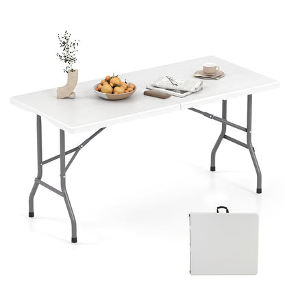 5FT Folding Picnic Table with Wood Grain HDPE Tabletop and Non-slip Foot Pads-WH - White