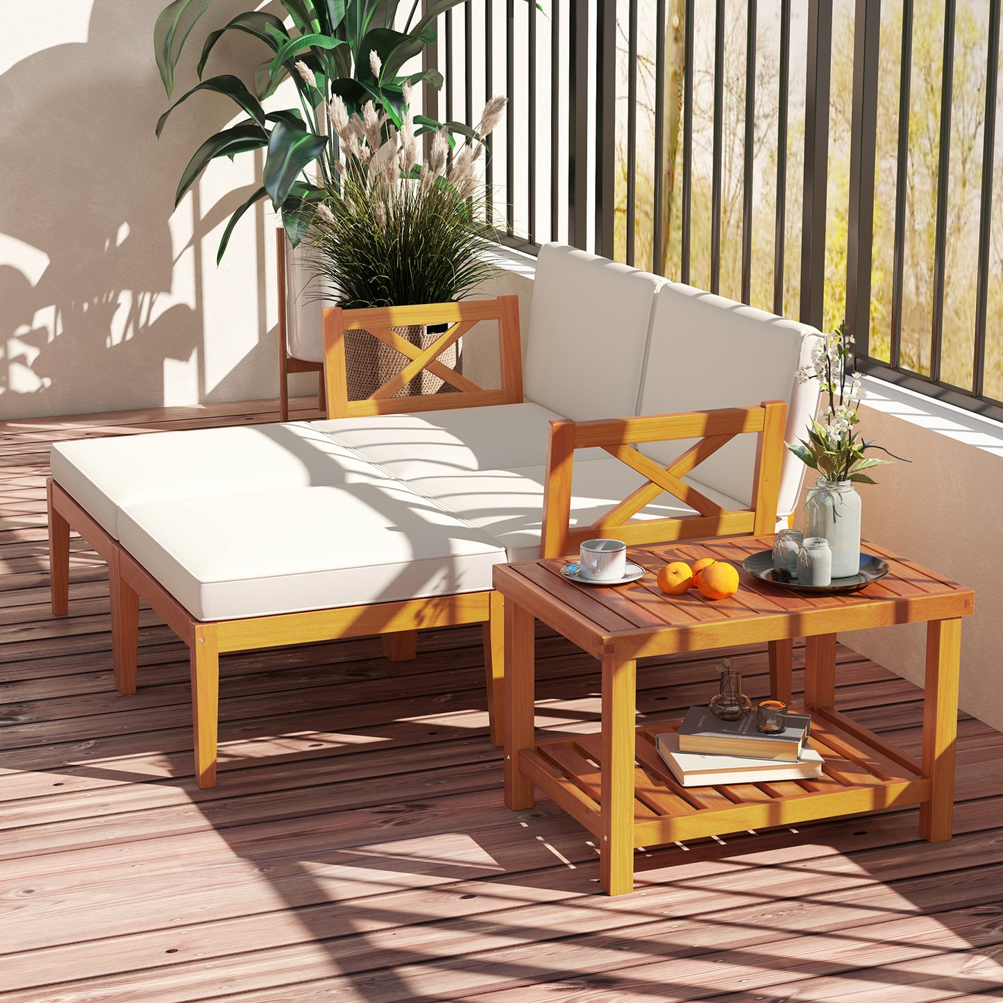 5 Pieces Acacia Wood Patio Chaise Lounge Chair Set with Ottoman and Cushions-White