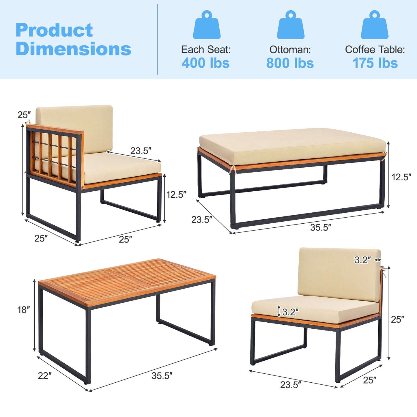 5 Pieces Patio Furniture Set Acacia Wood Sectional Set with Heavy-Duty Metal Frame-Beige
