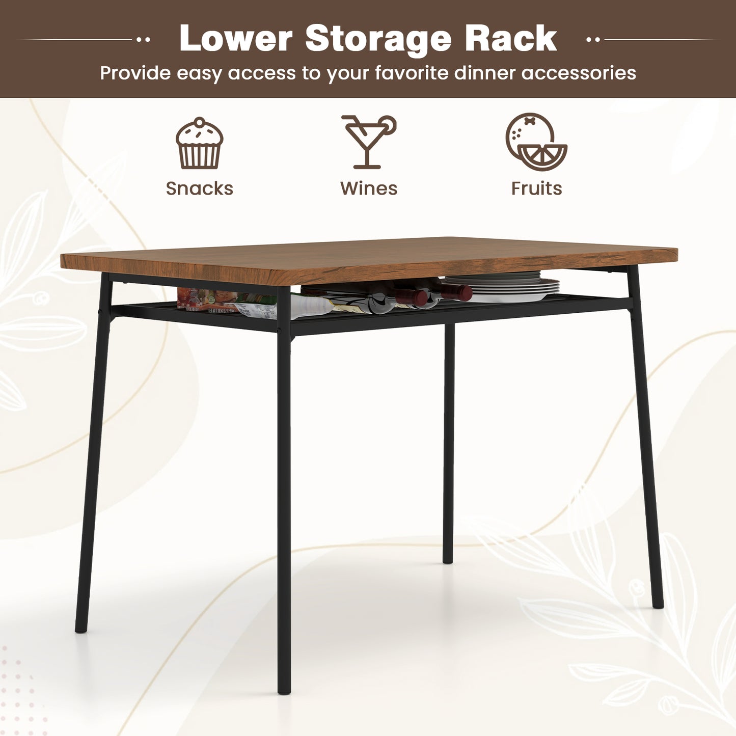 5-Piece Table Set for 4 with Metal Frame and Storage Rack-Brown