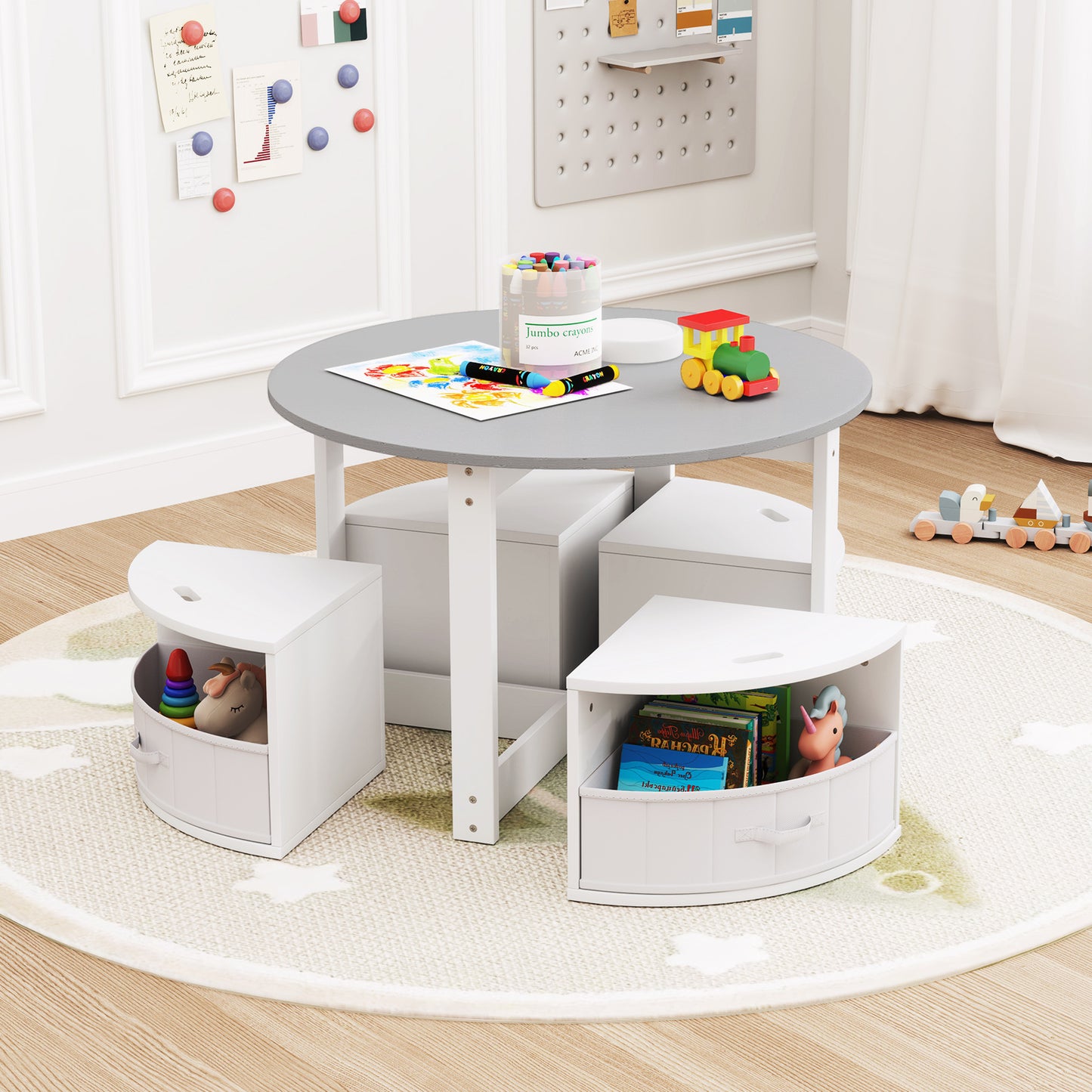 5 Piece Toddler Round Nesting Table with 4 Storage Stools for Activity-Grey